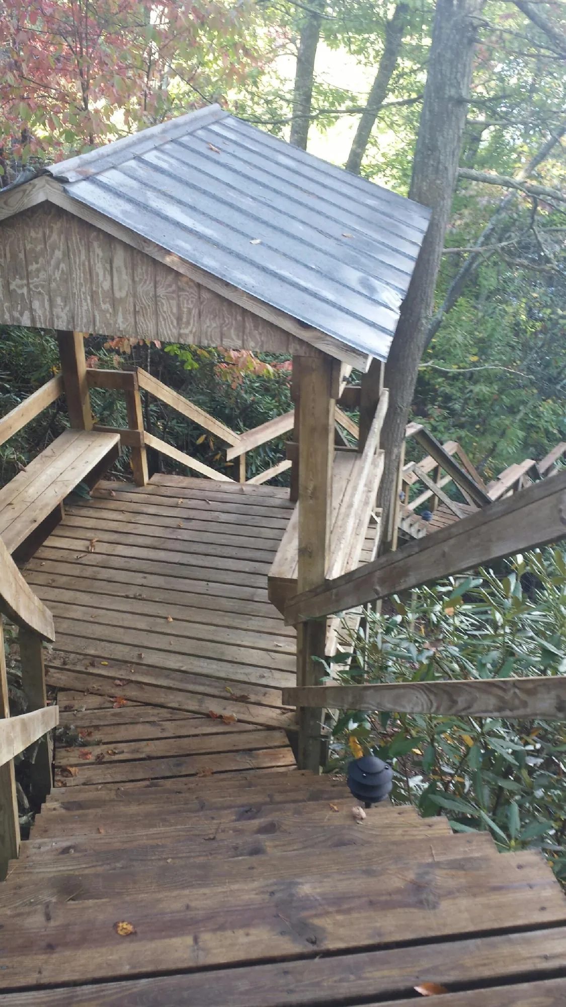Metal roofed shelter over wooden steps on a wooded walkway — Skylight Repair & Installation work by our crew in Ethel